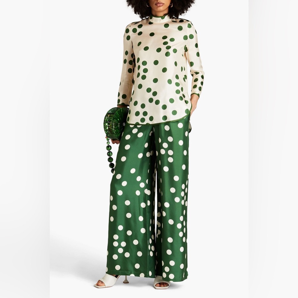 Zimmermann Green and Cream Polka Dot Silk Top
